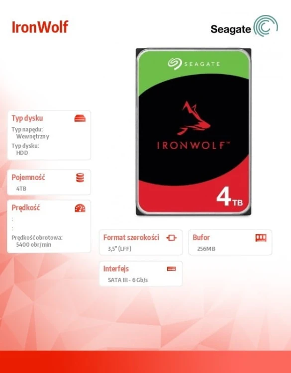 Seagate Dysk IronWolf 4TB 3,5 256MB ST4000VN006