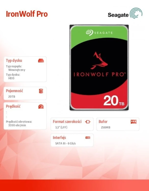 Seagate Dysk IronWolf Pro 20TB 3,5 SATA ST20000NT001