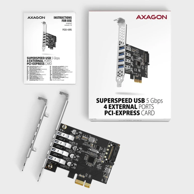AXAGON PCEU-43RS Kontroler PCIe 4x port USB 3.2 GEN 1, UASP, chipset Renesas, 15-pin SATA zasilacz