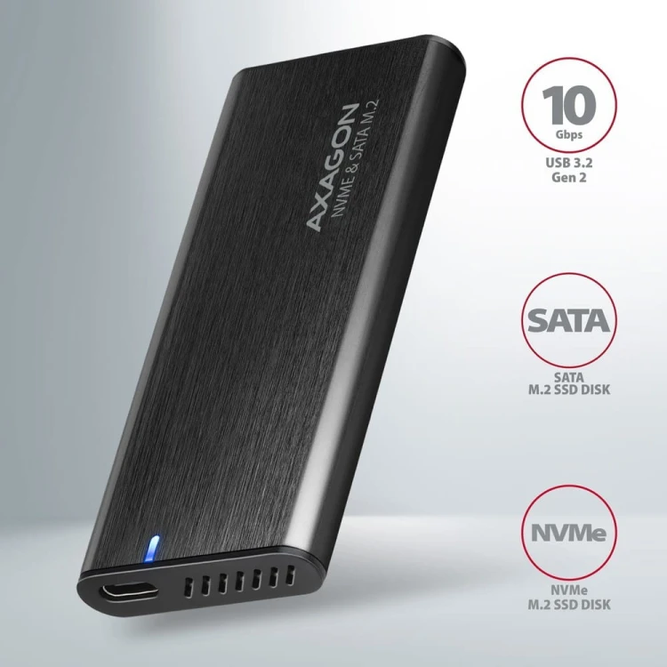 AXAGON EEM2-SB2 Obudowa zewnętrzna aluminiowa bezśrubowa USB-C 3.2 Gen 2 - M.2 NVMe / SATA SSD 30-80mm ALU pudełko czarne + USB-A - USB-C redukcja