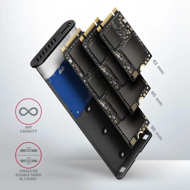AXAGON EEM2-SB2 Obudowa zewnętrzna aluminiowa bezśrubowa USB-C 3.2 Gen 2 - M.2 NVMe / SATA SSD 30-80mm ALU pudełko czarne + USB-A - USB-C redukcja