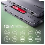 AXAGON HMC-12GM2 Wieloportowy hub USB + M.2 pozycja, 12in1 10Gbps, 3x USB-A, USB-C, HDMI, DP,  RJ-45, SD/mSD, audio, PD