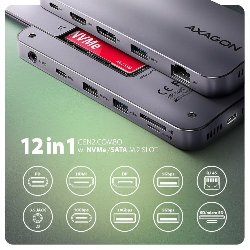 AXAGON HMC-12GM2 Wieloportowy hub USB + M.2 pozycja, 12in1 10Gbps, 3x USB-A, USB-C, HDMI, DP,  RJ-45, SD/mSD, audio, PD