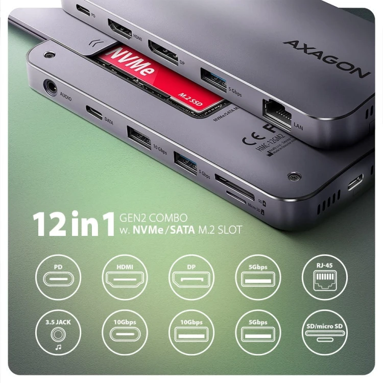 AXAGON HMC-12GM2 Wieloportowy hub USB + M.2 pozycja, 12in1 10Gbps, 3x USB-A, USB-C, HDMI, DP,  RJ-45, SD/mSD, audio, PD