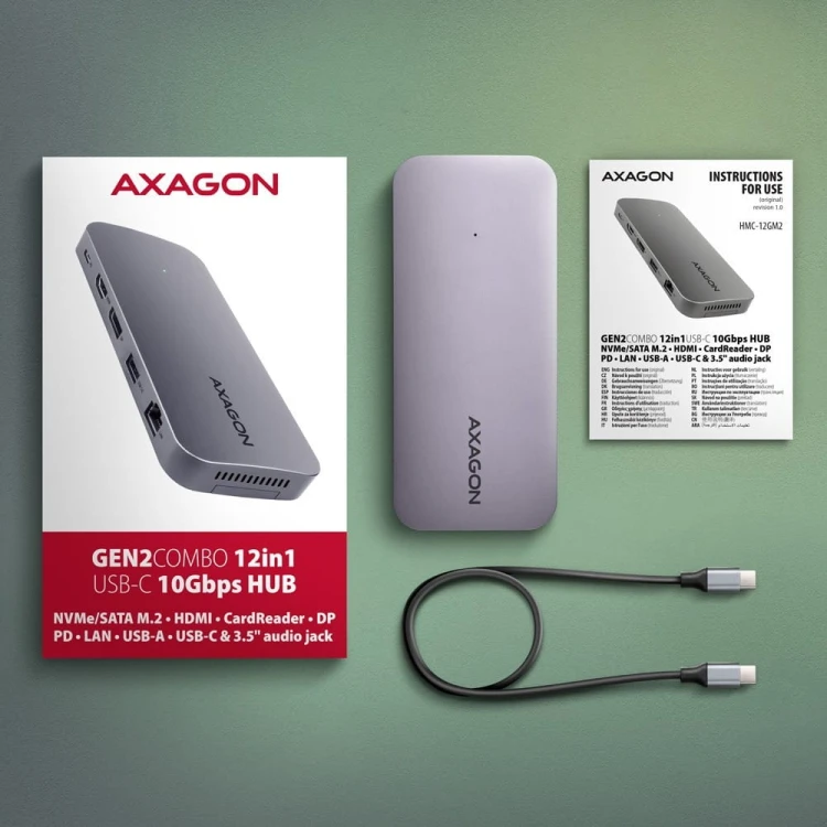 AXAGON HMC-12GM2 Wieloportowy hub USB + M.2 pozycja, 12in1 10Gbps, 3x USB-A, USB-C, HDMI, DP,  RJ-45, SD/mSD, audio, PD