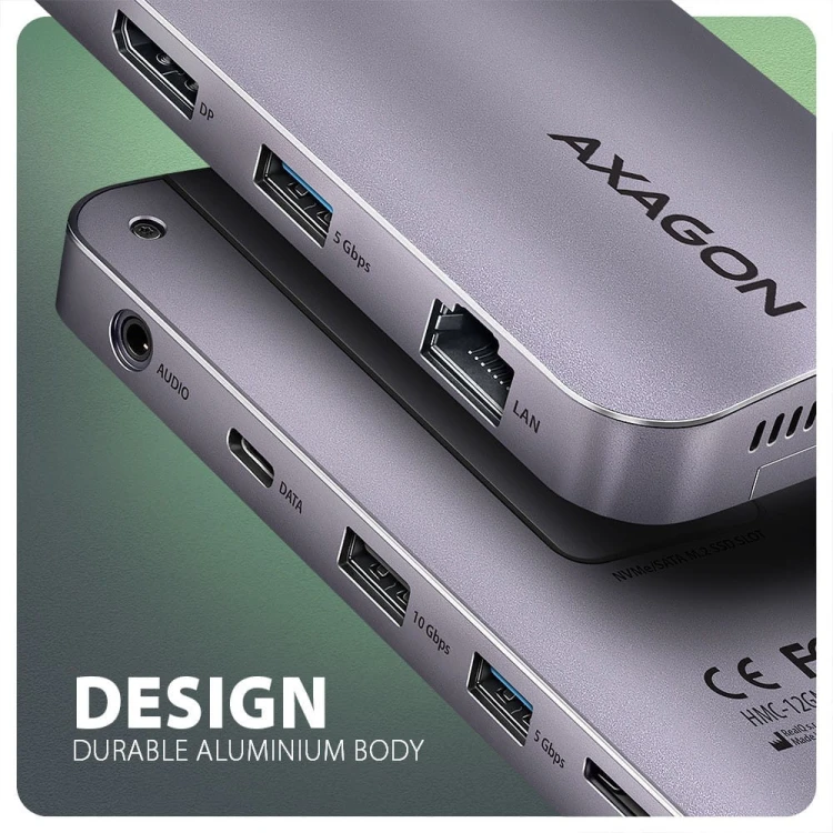 AXAGON HMC-12GM2 Wieloportowy hub USB + M.2 pozycja, 12in1 10Gbps, 3x USB-A, USB-C, HDMI, DP,  RJ-45, SD/mSD, audio, PD