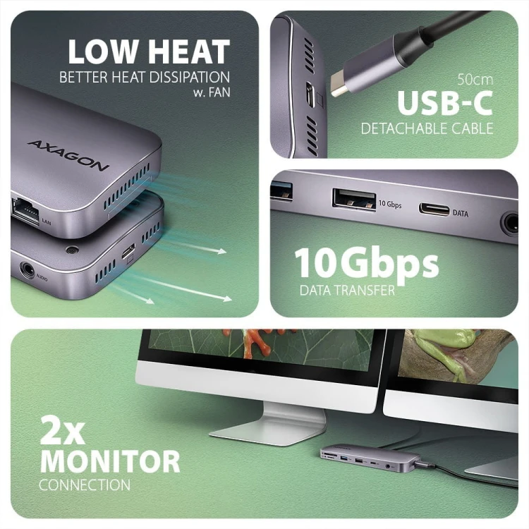 AXAGON HMC-12GM2 Wieloportowy hub USB + M.2 pozycja, 12in1 10Gbps, 3x USB-A, USB-C, HDMI, DP,  RJ-45, SD/mSD, audio, PD