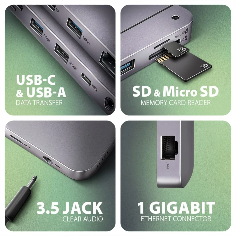 AXAGON HMC-12GM2 Wieloportowy hub USB + M.2 pozycja, 12in1 10Gbps, 3x USB-A, USB-C, HDMI, DP,  RJ-45, SD/mSD, audio, PD