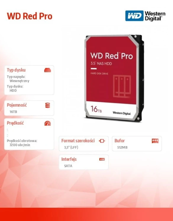 Western Digital Dysk twardy WD Red Pro 16TB 3,5 512MB SATAIII/7200rpm