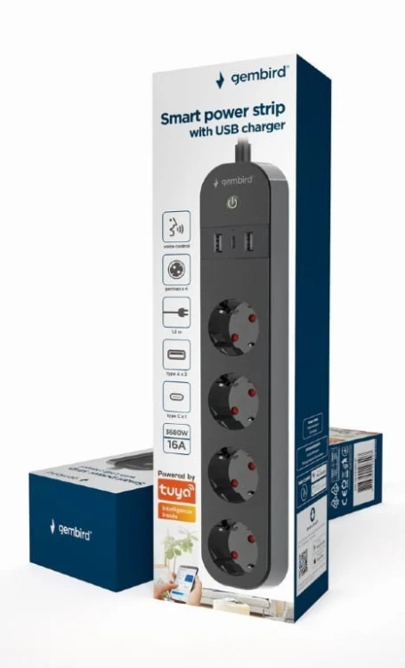 Gembird Inteligentna listwa Tuya 4xDE 2xUSB-A 1xUSB-C Czarna
