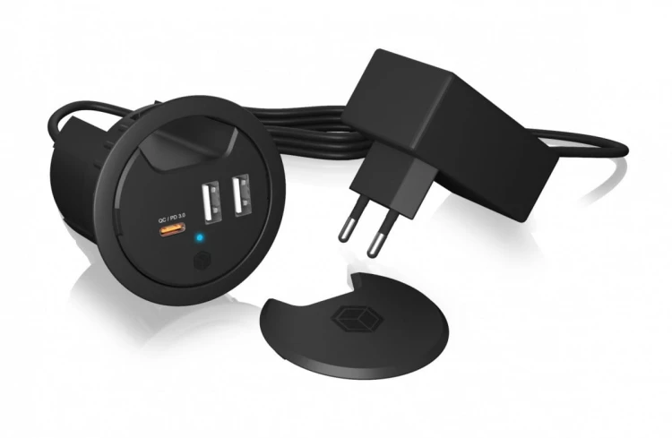 IcyBox IB-HUB1407 3 Port ładowarka do biurka, 2x USB-A, 1x  USB-C, otwór 60mm