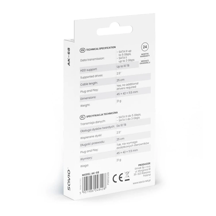 Savio Adapter USB-C 3.1 Gen 1 (M) - SATA (F) do dysków 2.5 cala , AK-68