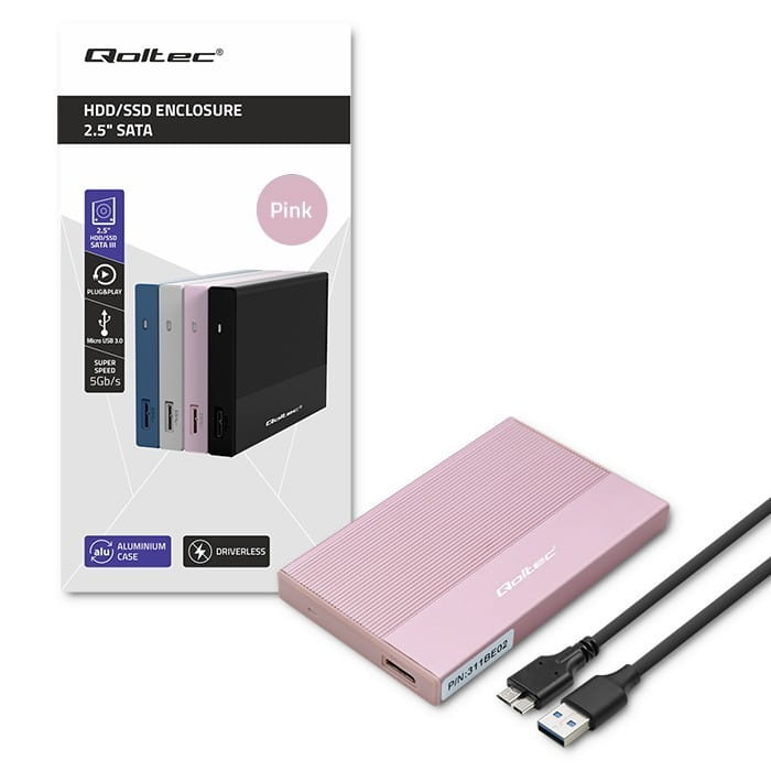 Qoltec Obudowa | Kieszeń na dysk SSD HDD 2.5 cala | SATA | USB 3.0 | Super  speed 5Gb/s | 2TB | Różowy
