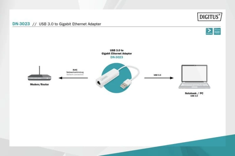 Digitus Karta sieciowa przewodowa USB 3.0 do Gigabit Ethernet 10/100/1000Mbps