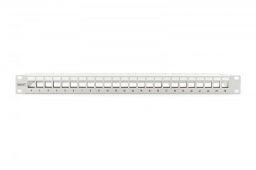 Digitus Panel krosowy (patch panel) modularny 19" 24 porty pod moduły keystone, 1U, ekranowany, prowadnica kabli, pola opisowe, szary