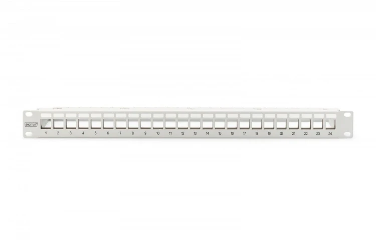 Digitus Panel krosowy (patch panel) modularny 19" 24 porty pod moduły keystone, 1U, ekranowany, prowadnica kabli, pola opisowe, szary