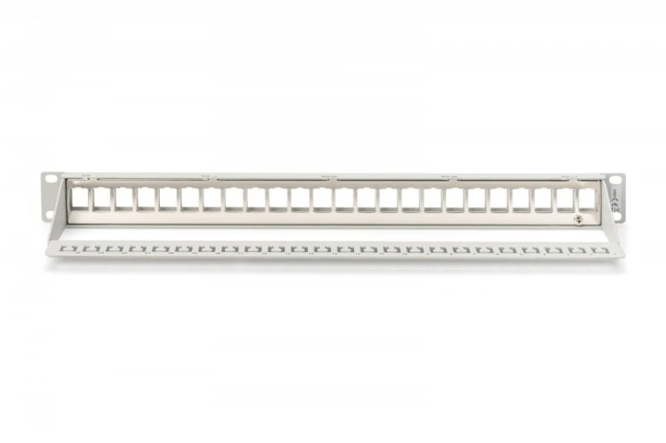 Digitus Panel krosowy (patch panel) modularny 19" 24 porty pod moduły keystone, 1U, ekranowany, prowadnica kabli, pola opisowe, szary