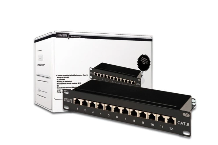 Digitus Patch panel 10" 12 portów, kat.6, S/FTP, 1U, wspornik kablowy, czarny (kompletny)
