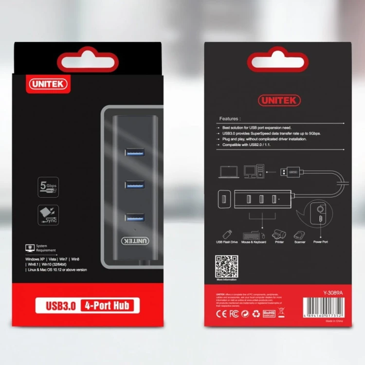 Unitek Hub 4x USB 3.0; BC1,2; CZARNY