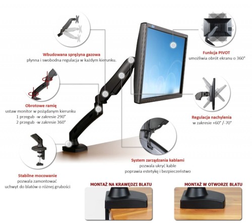 ART Uchwyt biurkowy na sprężynie gazowej do 1 monitora LCD/LED 13-27"            L-11GD