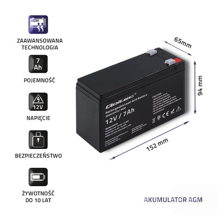 Qoltec Akumulator żelowy | 12V | 7Ah | max.72A | AGM