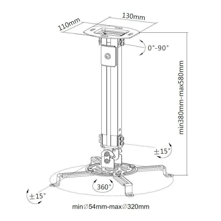 Techly Ramię sufitowe do projektora 38-58cm, 13,5kg, srebrny