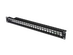 Digitus Panel krosowy (patch panel) modularny 19" 24 porty pod moduły keystone, 1U, ekranowany, prowadnica kabli, pola opisowe, czarny