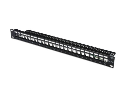 Digitus Panel krosowy (patch panel) modularny 19" 24 porty pod moduły keystone, 1U, ekranowany, prowadnica kabli, pola opisowe, czarny