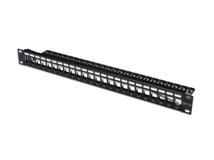 Digitus Panel krosowy (patch panel) modularny 19" 24 porty pod moduły keystone, 1U, ekranowany, prowadnica kabli, pola opisowe, czarny