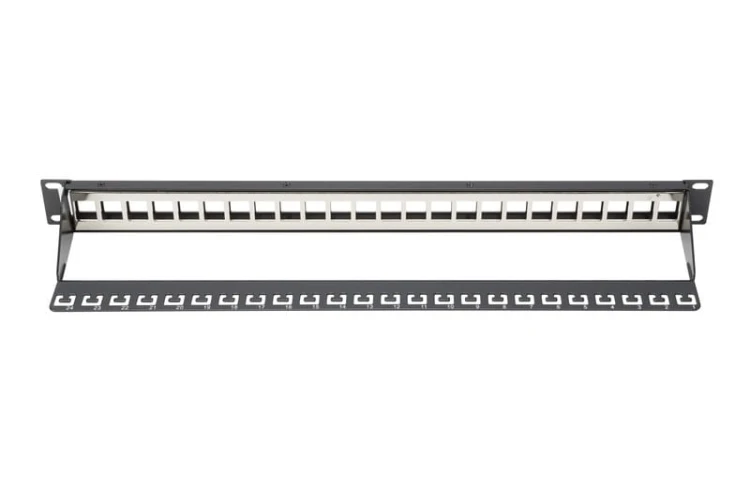 Digitus Panel krosowy (patch panel) modularny 19" 24 porty pod moduły keystone, 1U, ekranowany, prowadnica kabli, pola opisowe, czarny
