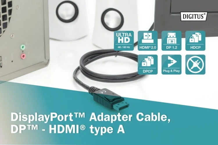 Digitus Kabel adapter DisplayPort 1.2 z zatrzaskiem 4K 60Hz UHD Typ DP/HDMI A M/M czarny 3m