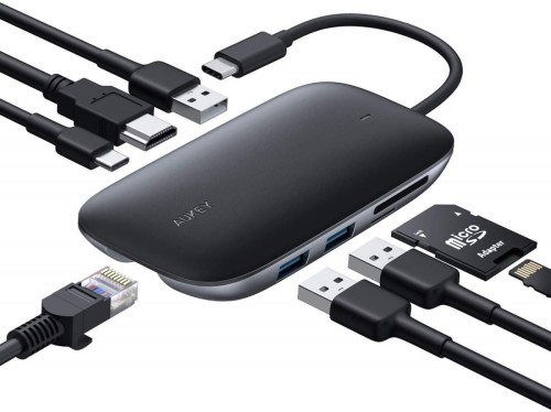 AUKEY CB-C71 aluminiowy HUB USB-C | 8w1 | RJ45 Ethernet 10/100/1000Mbps | 3xUSB 3.1 | HDMI 4k@30Hz | SD i microSD | USB-C Power Delivery 100W