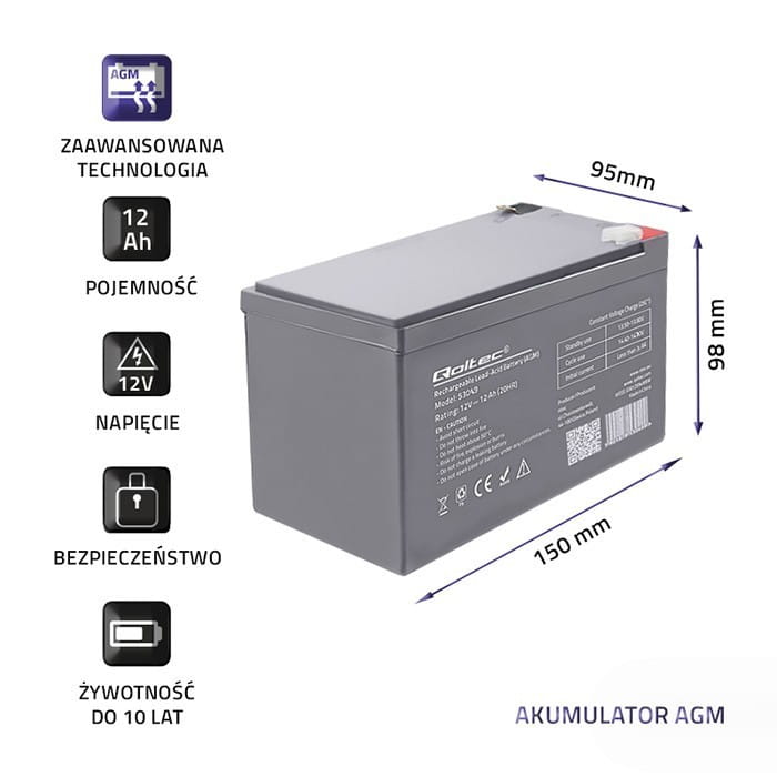 Qoltec Akumulator AGM 12V | 12Ah
