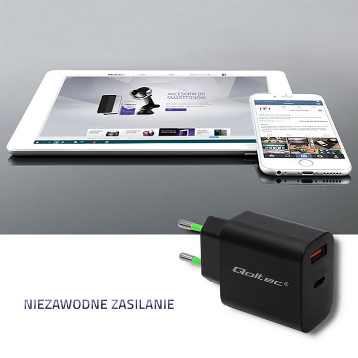 Qoltec Ładowarka sieciowa | 18W | 5-12V | 1.5-3A | USB typ C PD |       USB QC 3.0 | Czarna