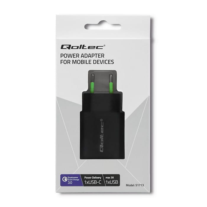 Qoltec Ładowarka sieciowa | 18W | 5-12V | 1.5-3A | USB typ C PD |       USB QC 3.0 | Czarna
