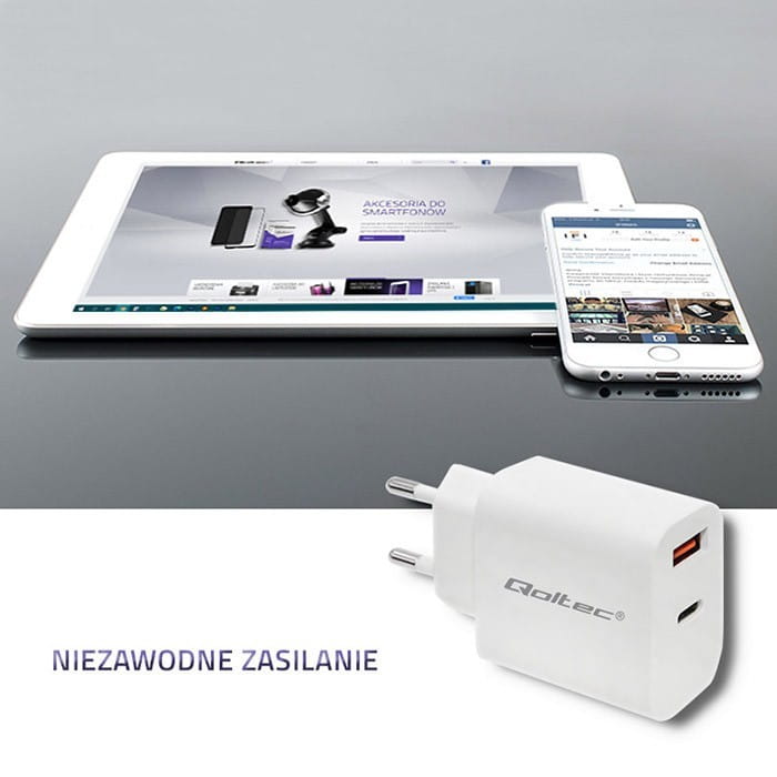 Qoltec Ładowarka sieciowa | 18W | 5-12V | 1.5-3A | USB typ C PD |  USB QC 3.0 | Biała