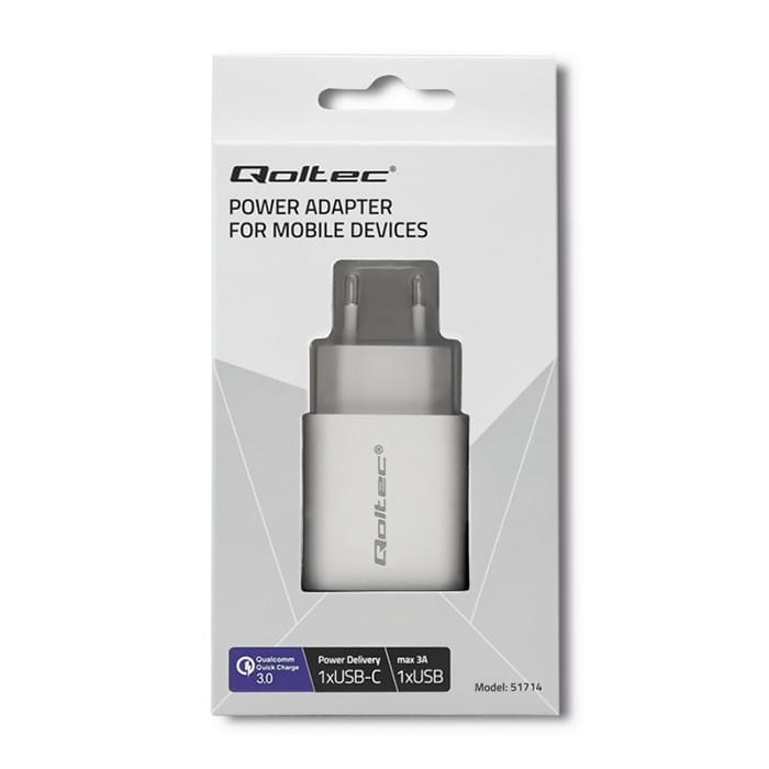 Qoltec Ładowarka sieciowa | 18W | 5-12V | 1.5-3A | USB typ C PD |  USB QC 3.0 | Biała