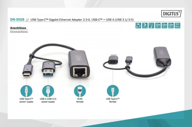 Digitus Karta sieciowa przewodowa USB 3.1 Typ C + USB A do 1x RJ45 2.5 Gigabit Ethernet 10/100/1000/2500Mbps