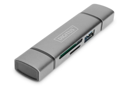 Digitus Czytnik kart 3-portowy USB Typ C/ USB 3.0 SuperSpeed SD Micro SD HQ  aluminium Szary