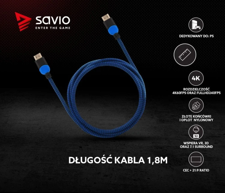Savio Kabel HDMI 2.0 niebiesko-czarny 1,8m, GCL-02