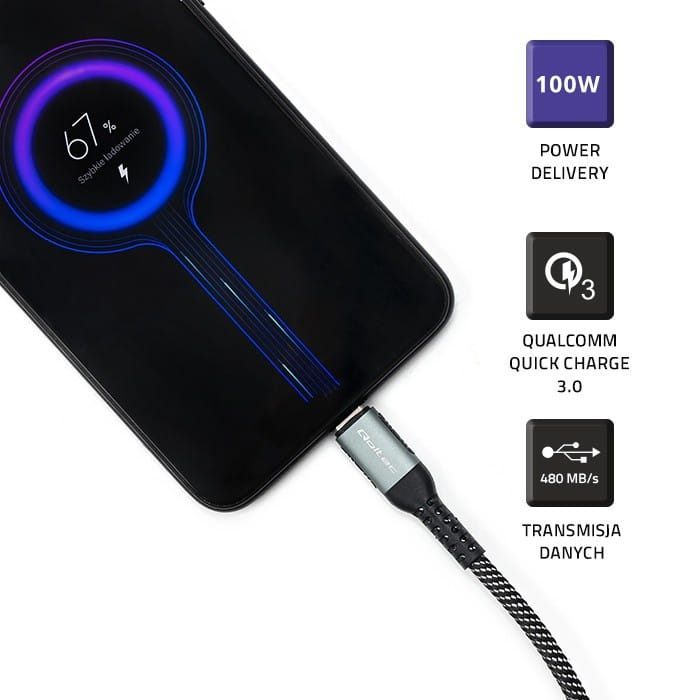 Qoltec Kabel USB 2.0 typ C | USB 2.0 typ C 100W | QC 3.0| PD | 1.5m |   Czarny