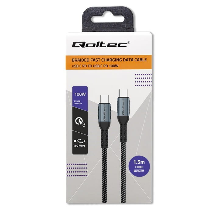 Qoltec Kabel USB 2.0 typ C | USB 2.0 typ C 100W | QC 3.0| PD | 1.5m |   Czarny