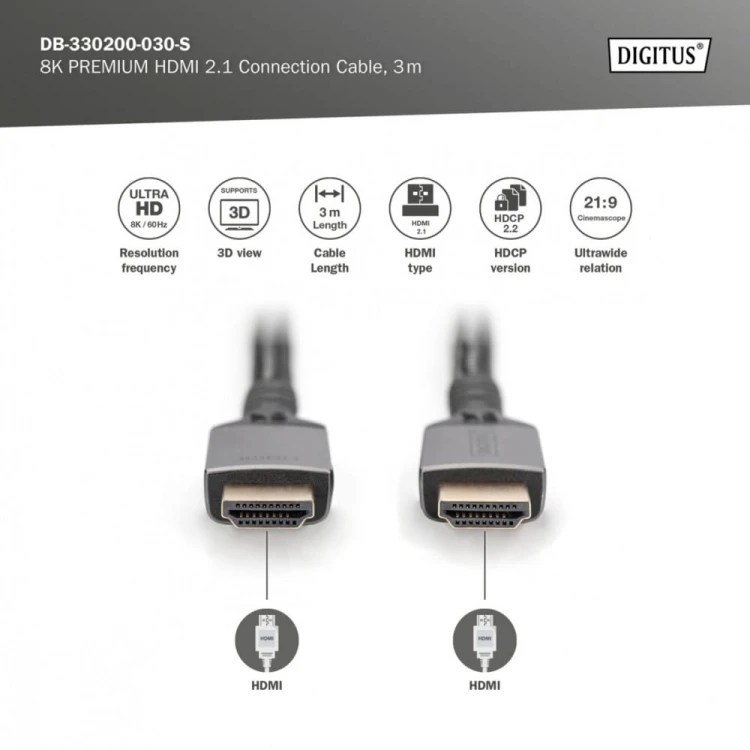 Digitus Kabel Premium połączeniowy HDMI 2.1 Ultra HighSpeed 8K60Hz UHD Typ HDMI A/A M/M 3m Czarny
