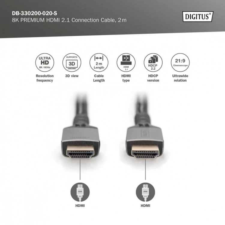 Digitus Kabel Premium połączeniowy HDMI 2.1 Ultra HighSpeed 8K60Hz UHD Typ HDMI A/A M/M 2m Czarny