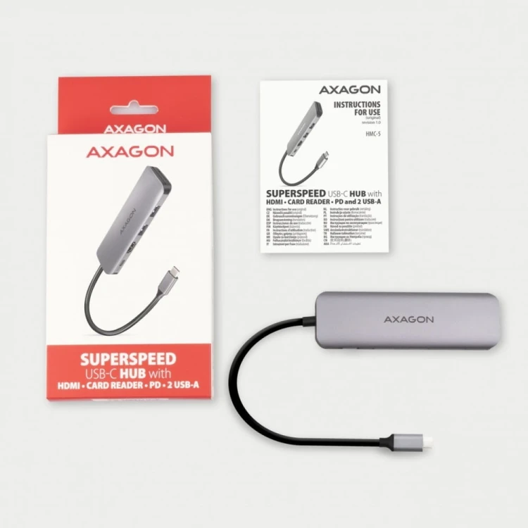 AXAGON HMC-5 Wieloportowy hub 2x USB-A, HDMI, SD/microSD, USB 3.2 Gen 1, PD 100W, 20cm USB-C kabel