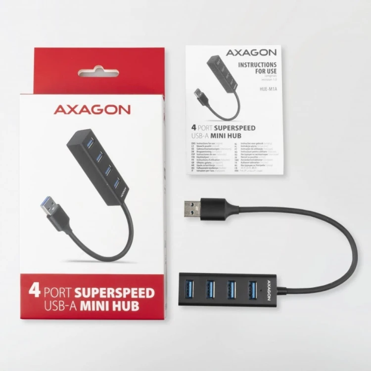 AXAGON HUE-M1A Hub 4-portowy Mini metalowy USB 3.2 Gen 1, 20cm USB-A kabel