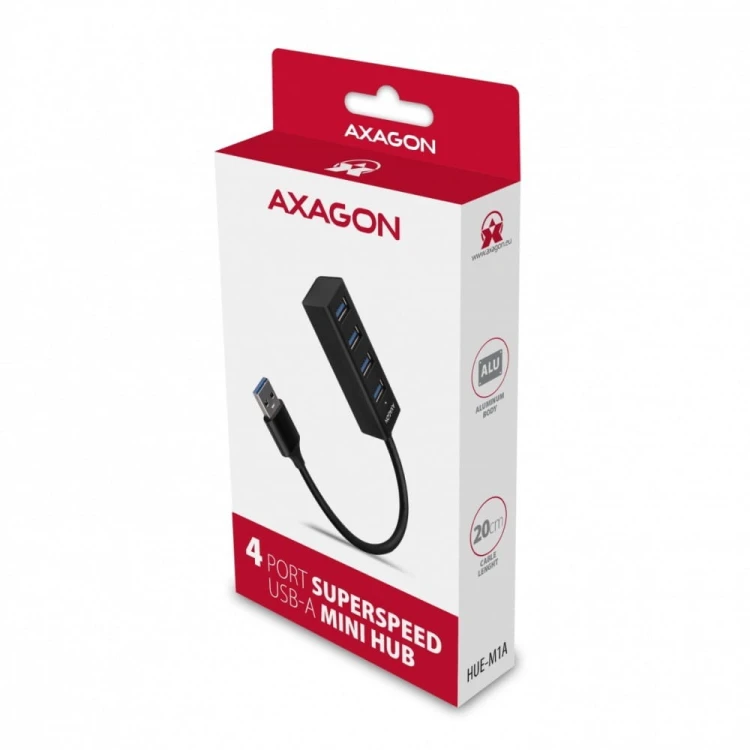 AXAGON HUE-M1A Hub 4-portowy Mini metalowy USB 3.2 Gen 1, 20cm USB-A kabel