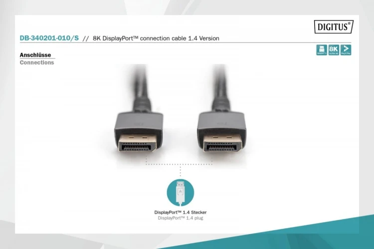 Digitus Kabel połączeniowy PREMIUM DisplayPort 8K60Hz UHD DP/DP M/M 1m Czarny