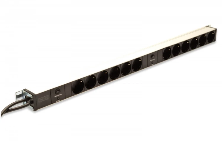Digitus Listwa zasilająca PDU 19" RACK, 12x gniazdo Schuko, 2x 2m wtyk Unischuko, 16A, zabezpieczenie przeciążeniowe, profil aluminiowy