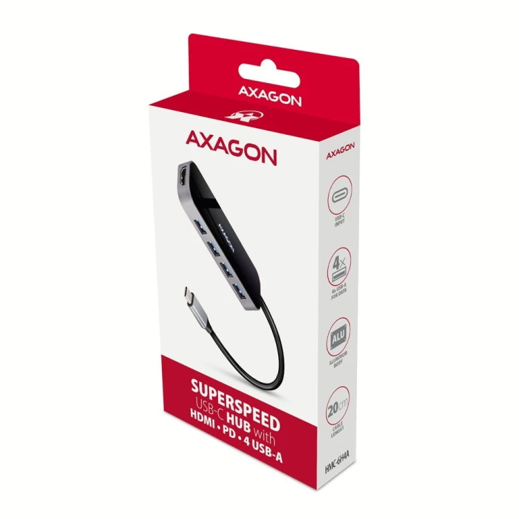 AXAGON HMC-6H4A Wieloportowy hub 4x USB-A + HDMI, USB-C 3.2 Gen 1, PD 100W, 20cm USB-C kabel